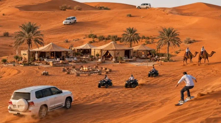 Luxury Dubai desert safari with Land Cruiser dune bashing, ATV rides, camel ride, sandboarding, and premium desert camp.