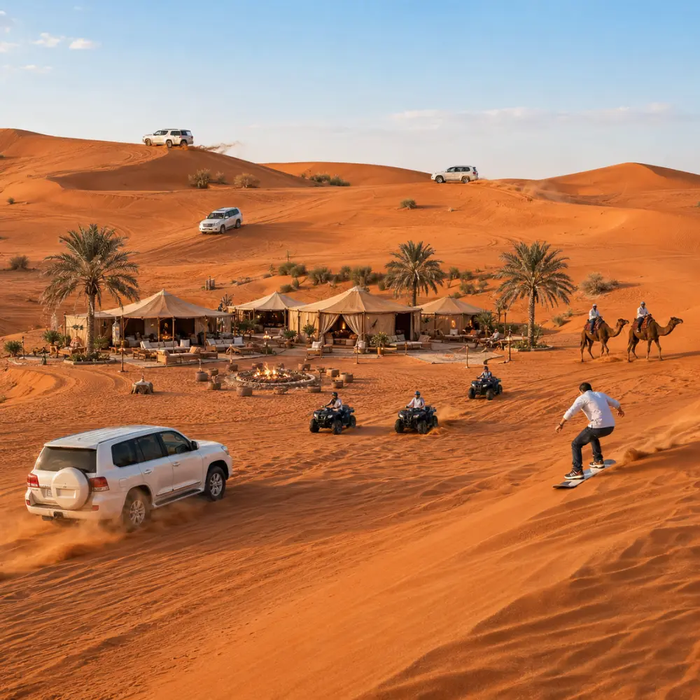 Luxury Dubai desert safari with Land Cruiser dune bashing, ATV rides, camel ride, sandboarding, and premium desert camp.