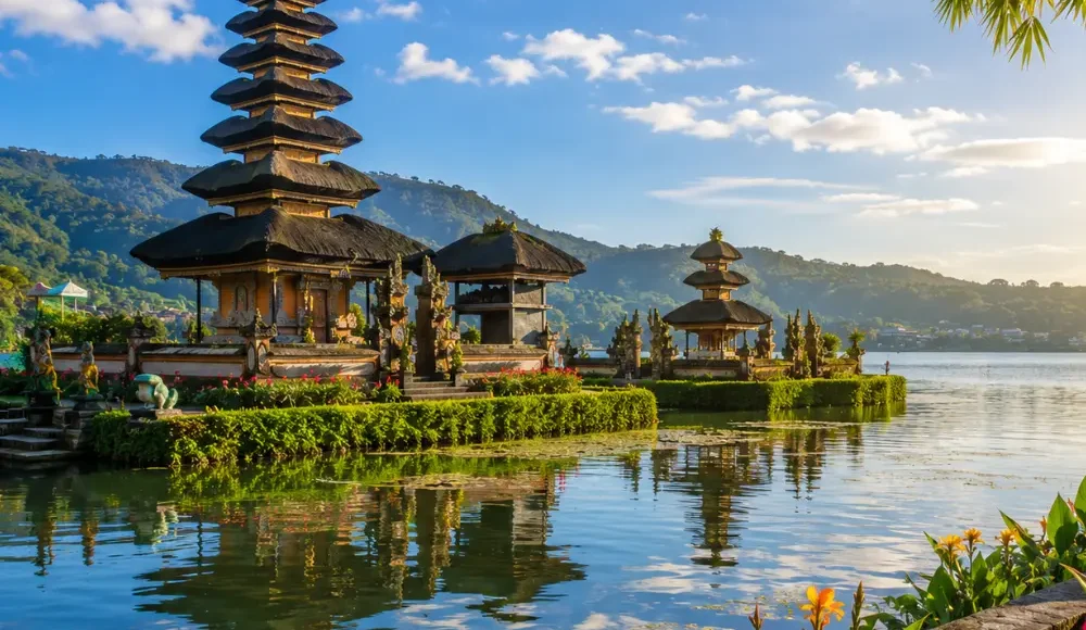 Bali Indonesia with tropical temple, rice terraces, lush greenery, clear water, and bright morning atmosphere.