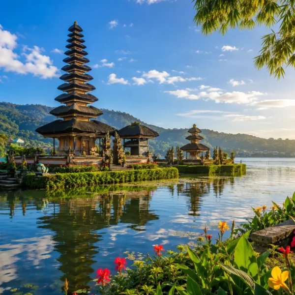 Bali Indonesia with tropical temple, rice terraces, lush greenery, clear water, and bright morning atmosphere.