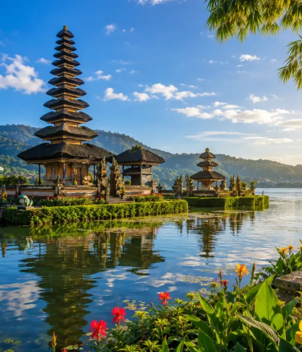 Bali Indonesia with tropical temple, rice terraces, lush greenery, clear water, and bright morning atmosphere.