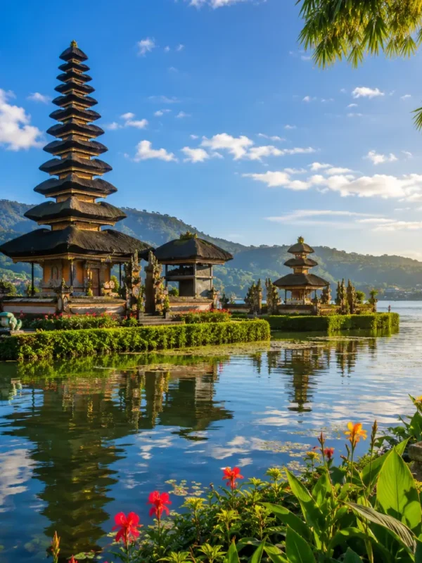 Bali Indonesia with tropical temple, rice terraces, lush greenery, clear water, and bright morning atmosphere.