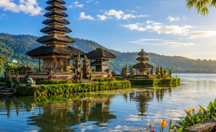 Bali Indonesia with tropical temple, rice terraces, lush greenery, clear water, and bright morning atmosphere.