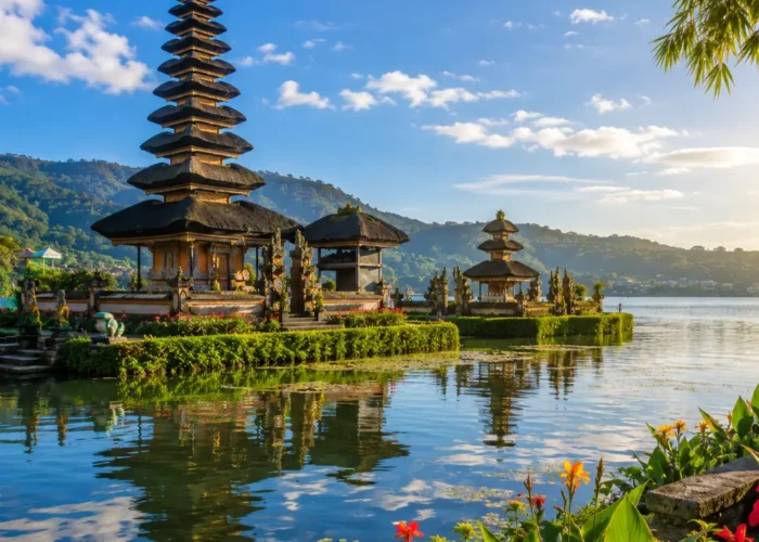 Bali Indonesia with tropical temple, rice terraces, lush greenery, clear water, and bright morning atmosphere.