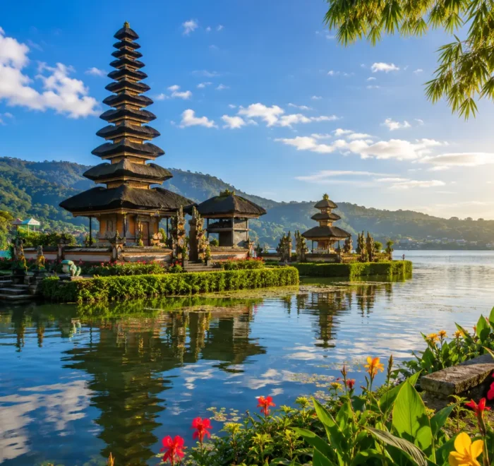 Bali Indonesia with tropical temple, rice terraces, lush greenery, clear water, and bright morning atmosphere.