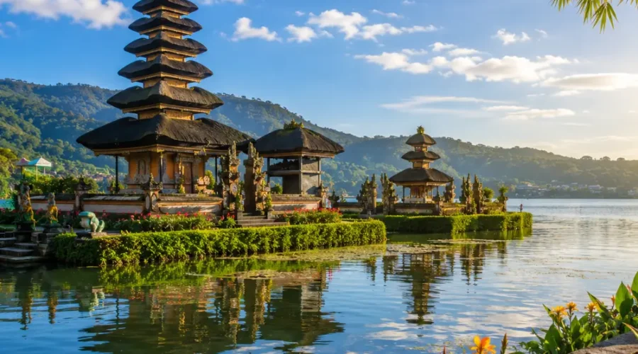 Bali Indonesia with tropical temple, rice terraces, lush greenery, clear water, and bright morning atmosphere.