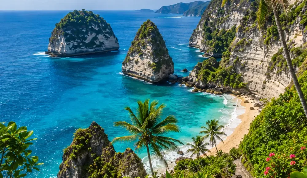 Nusa Penida Bali with dramatic cliffs, turquoise ocean, hidden beach, and bright morning tropical atmosphere.
