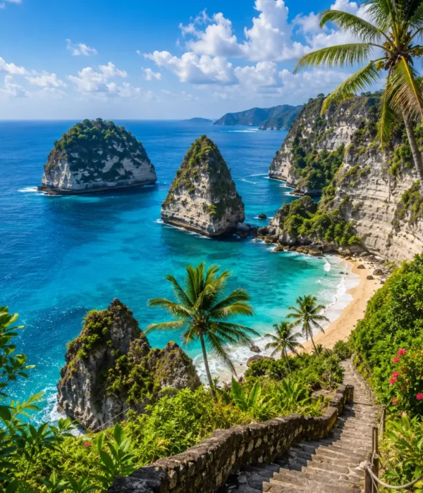 Nusa Penida Bali with dramatic cliffs, turquoise ocean, hidden beach, and bright morning tropical atmosphere.