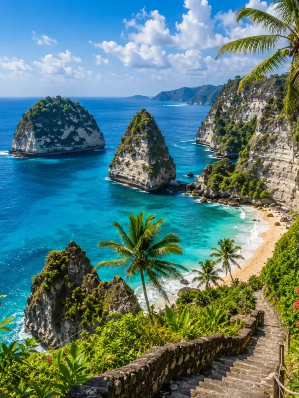 Nusa Penida Bali with dramatic cliffs, turquoise ocean, hidden beach, and bright morning tropical atmosphere.