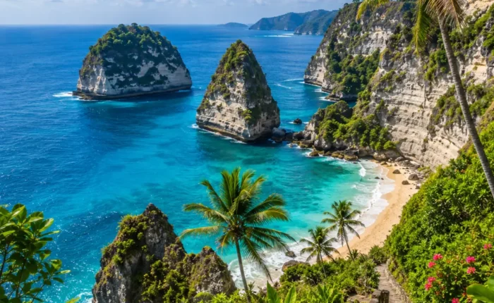 Nusa Penida Bali with dramatic cliffs, turquoise ocean, hidden beach, and bright morning tropical atmosphere.