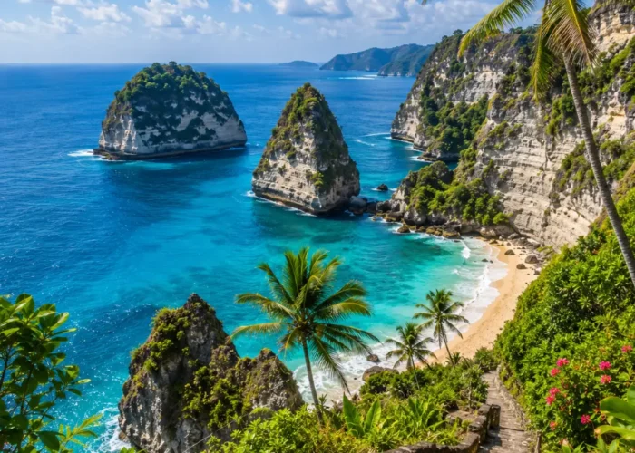 Nusa Penida Bali with dramatic cliffs, turquoise ocean, hidden beach, and bright morning tropical atmosphere.