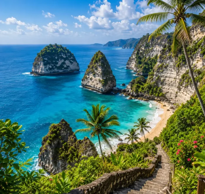 Nusa Penida Bali with dramatic cliffs, turquoise ocean, hidden beach, and bright morning tropical atmosphere.
