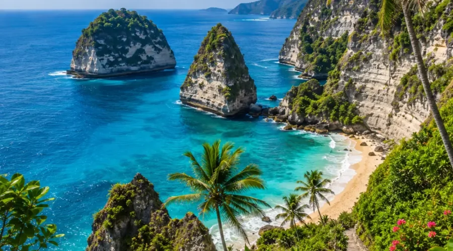 Nusa Penida Bali with dramatic cliffs, turquoise ocean, hidden beach, and bright morning tropical atmosphere.