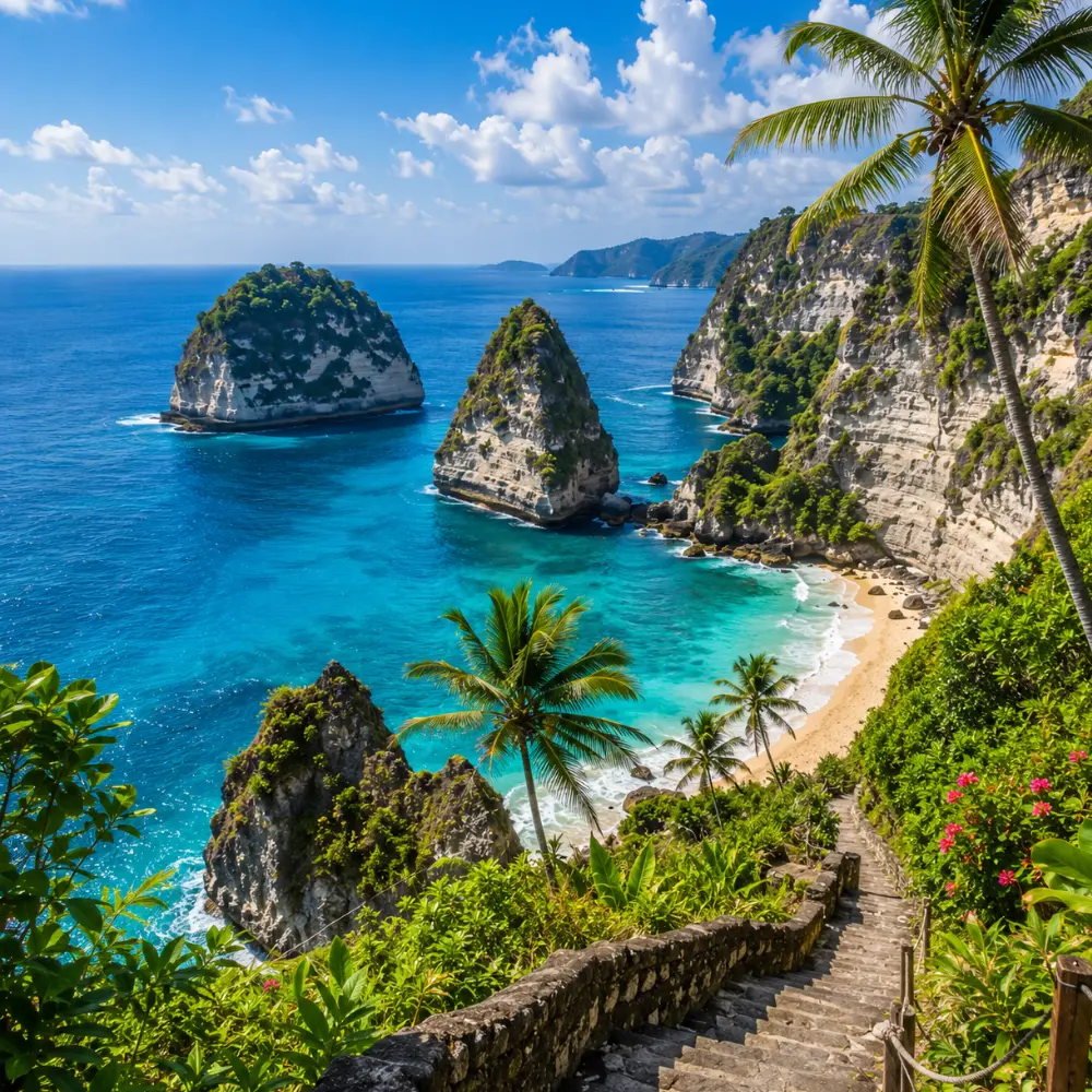 Nusa Penida Bali with dramatic cliffs, turquoise ocean, hidden beach, and bright morning tropical atmosphere.