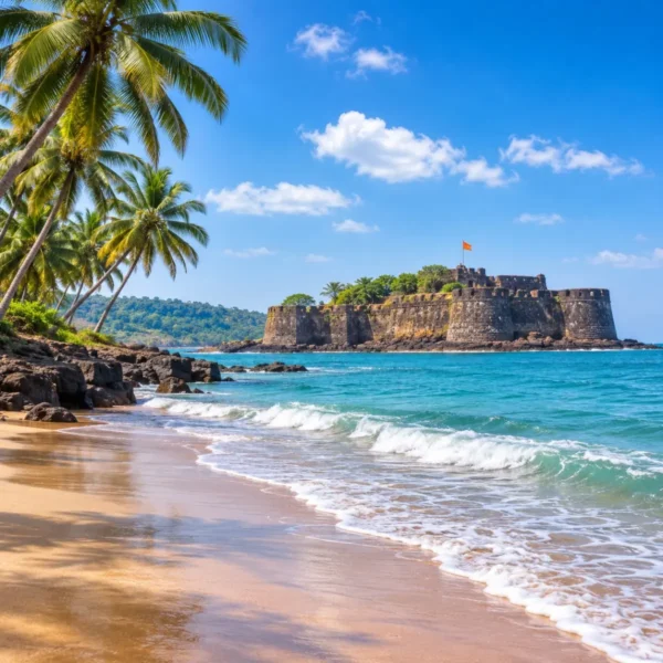 Alibaug Tour Package featuring Alibaug Beach, Kolaba Fort, Kashid Beach, Murud Janjira Fort and the scenic Konkan coastline.