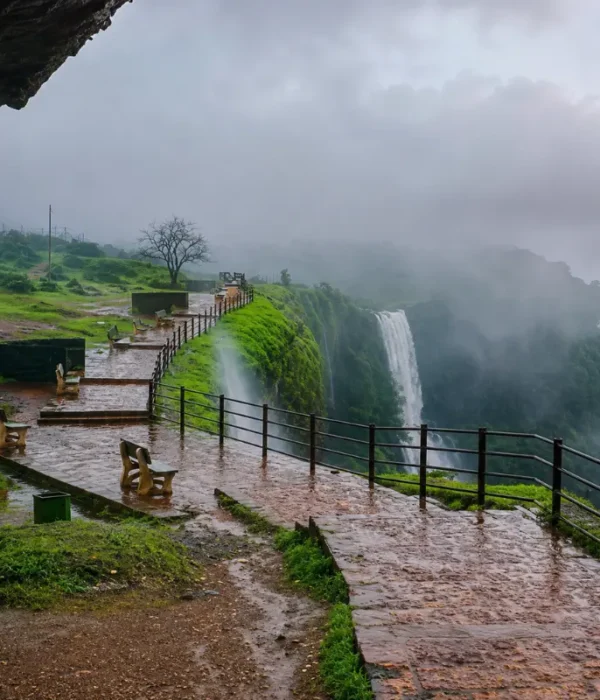 Amboli misty hills and waterfalls with lush green Western Ghats landscape in Maharashtra