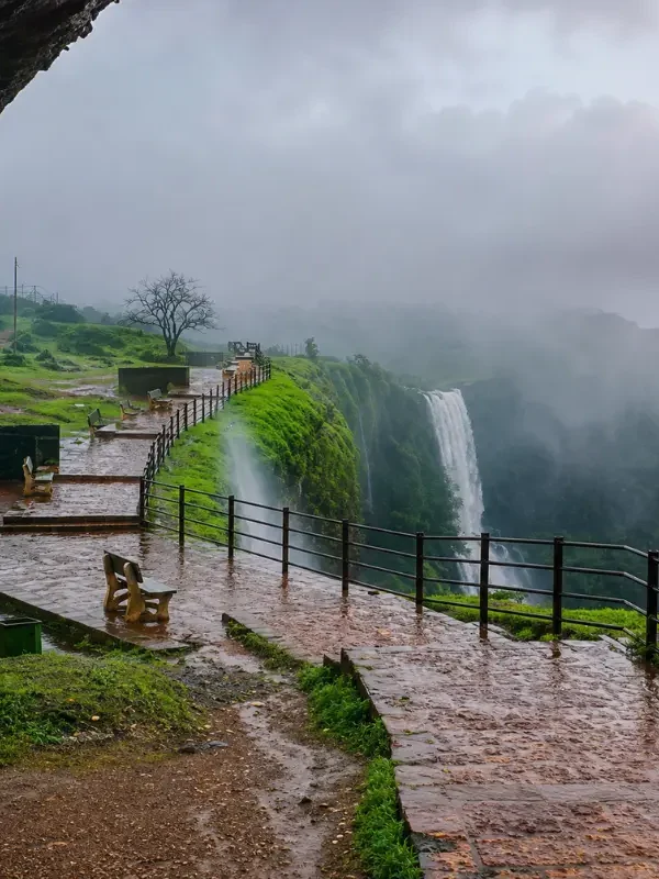 Amboli misty hills and waterfalls with lush green Western Ghats landscape in Maharashtra