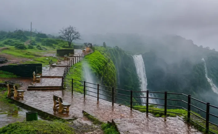 Amboli misty hills and waterfalls with lush green Western Ghats landscape in Maharashtra