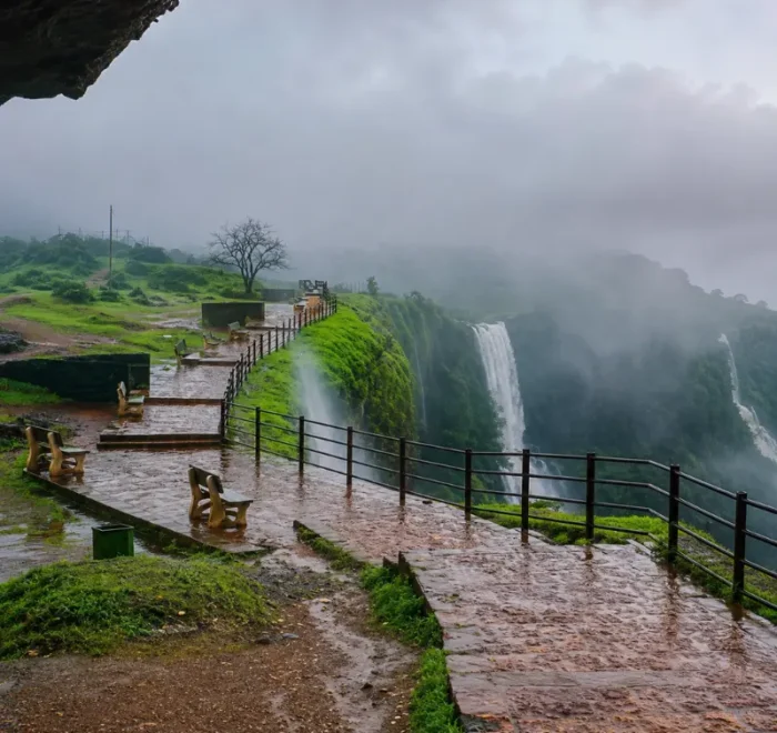 Amboli misty hills and waterfalls with lush green Western Ghats landscape in Maharashtra
