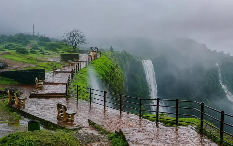 Amboli misty hills and waterfalls with lush green Western Ghats landscape in Maharashtra
