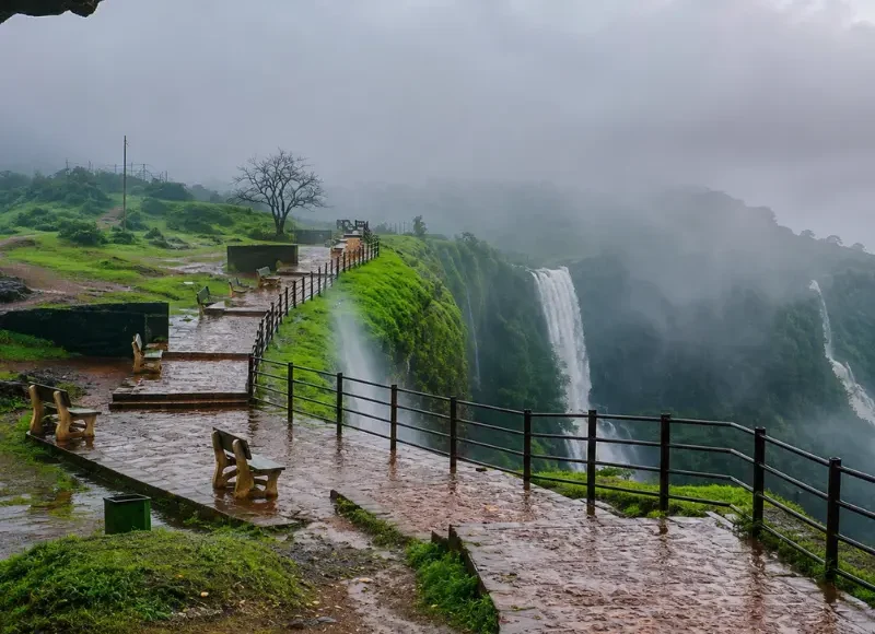 Amboli misty hills and waterfalls with lush green Western Ghats landscape in Maharashtra