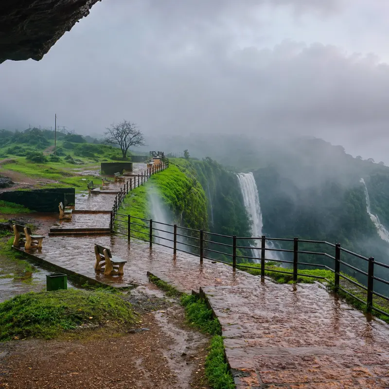 Amboli misty hills and waterfalls with lush green Western Ghats landscape in Maharashtra