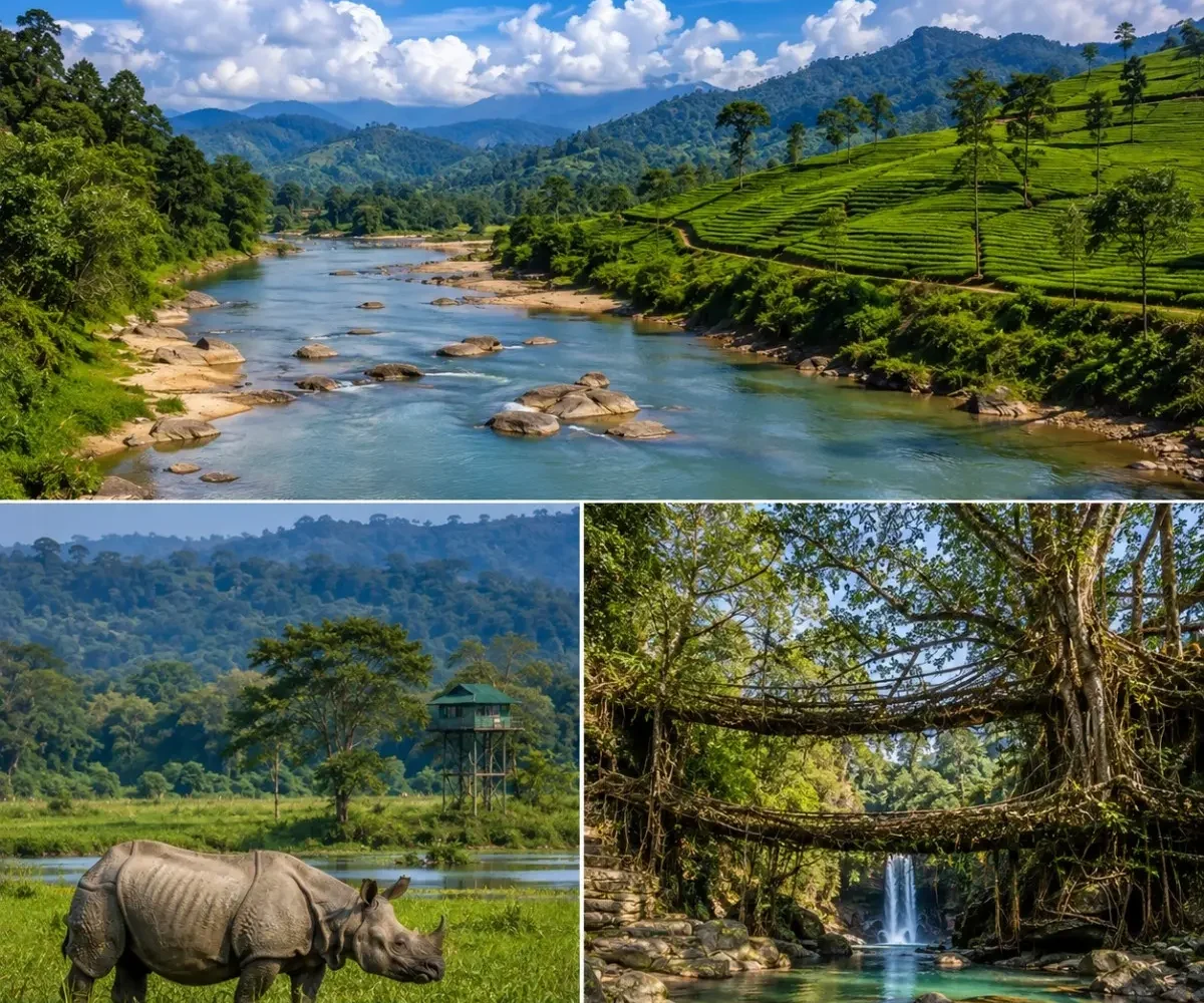 Assam & Meghalaya Tour Package featuring Kaziranga National Park, Shillong, Cherrapunji, Dawki Umngot River and Assam tea gardens