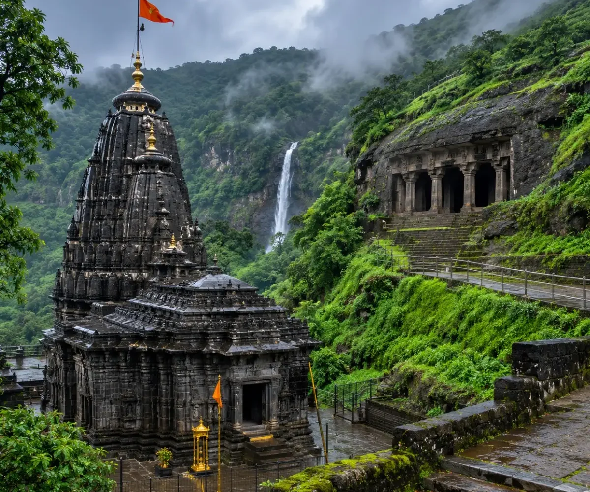 Bhimashankar Lenyadri Tour Package featuring Bhimashankar Jyotirlinga Temple, Lenyadri Ganpati Temple, ancient caves and scenic Sahyadri hills.