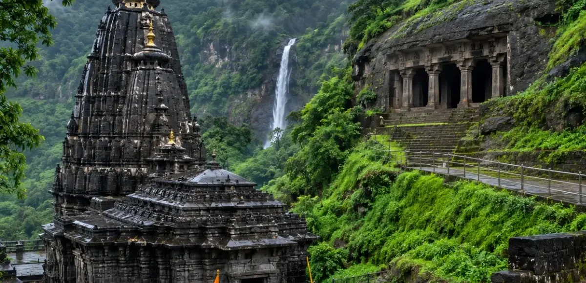 Bhimashankar Lenyadri Tour Package featuring Bhimashankar Jyotirlinga Temple, Lenyadri Ganpati Temple, ancient caves and scenic Sahyadri hills.