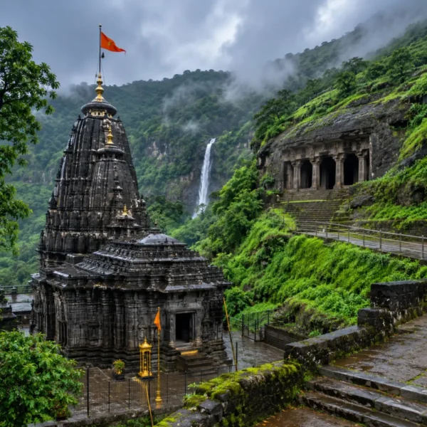 Bhimashankar Lenyadri Tour Package featuring Bhimashankar Jyotirlinga Temple, Lenyadri Ganpati Temple, ancient caves and scenic Sahyadri hills.