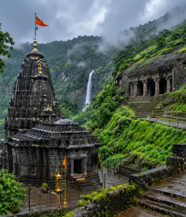 Bhimashankar Lenyadri Tour Package featuring Bhimashankar Jyotirlinga Temple, Lenyadri Ganpati Temple, ancient caves and scenic Sahyadri hills.