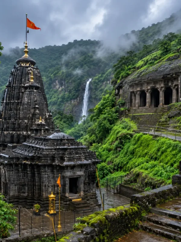 Bhimashankar Lenyadri Tour Package featuring Bhimashankar Jyotirlinga Temple, Lenyadri Ganpati Temple, ancient caves and scenic Sahyadri hills.