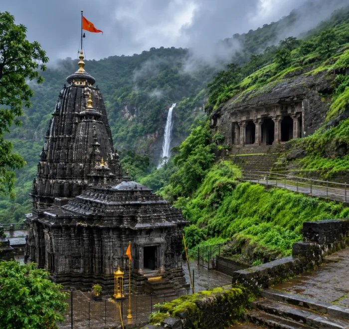 Bhimashankar Lenyadri Tour Package featuring Bhimashankar Jyotirlinga Temple, Lenyadri Ganpati Temple, ancient caves and scenic Sahyadri hills.