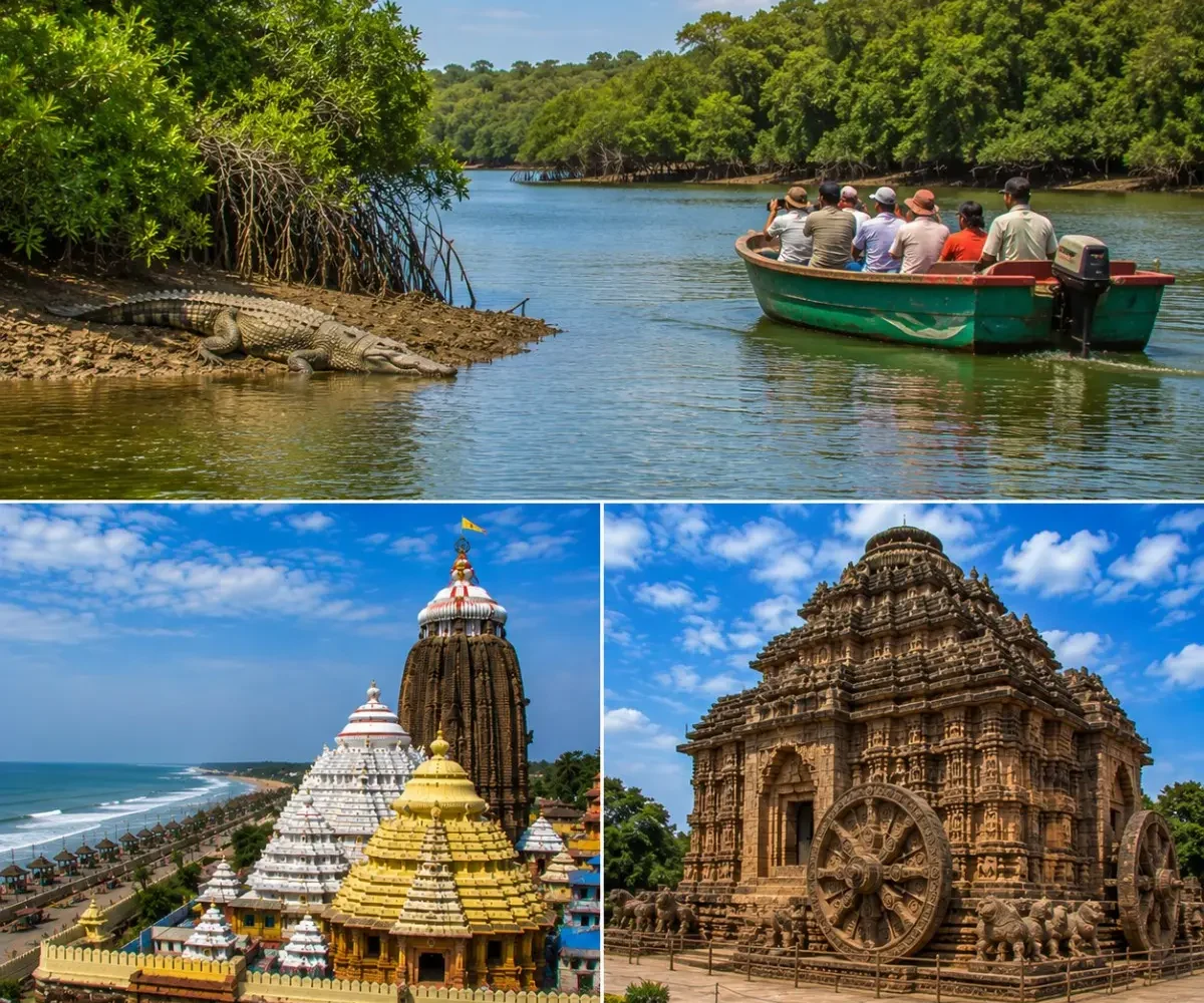 Bhitarkanika Puri Konark Tour Package featuring Bhitarkanika National Park, Jagannath Temple Puri, Konark Sun Temple, saltwater crocodiles and mangrove forests.