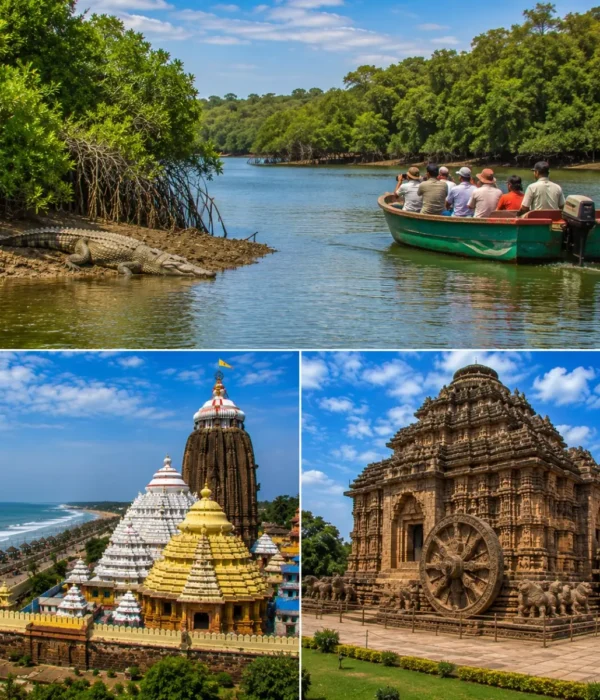 Bhitarkanika Puri Konark Tour Package featuring Bhitarkanika National Park, Jagannath Temple Puri, Konark Sun Temple, saltwater crocodiles and mangrove forests.