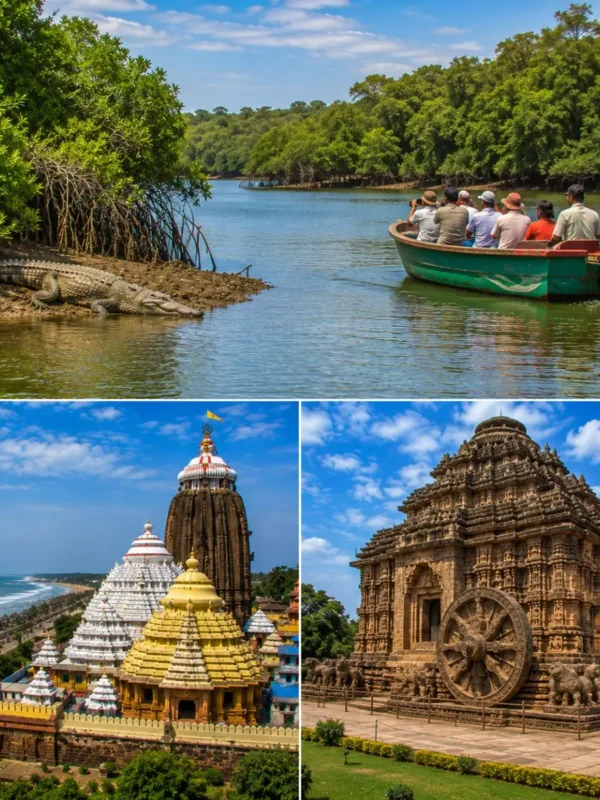 Bhitarkanika Puri Konark Tour Package featuring Bhitarkanika National Park, Jagannath Temple Puri, Konark Sun Temple, saltwater crocodiles and mangrove forests.