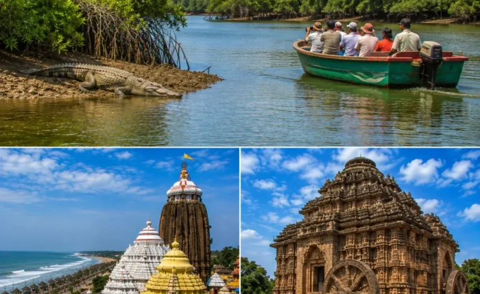 Bhitarkanika Puri Konark Tour Package featuring Bhitarkanika National Park, Jagannath Temple Puri, Konark Sun Temple, saltwater crocodiles and mangrove forests.