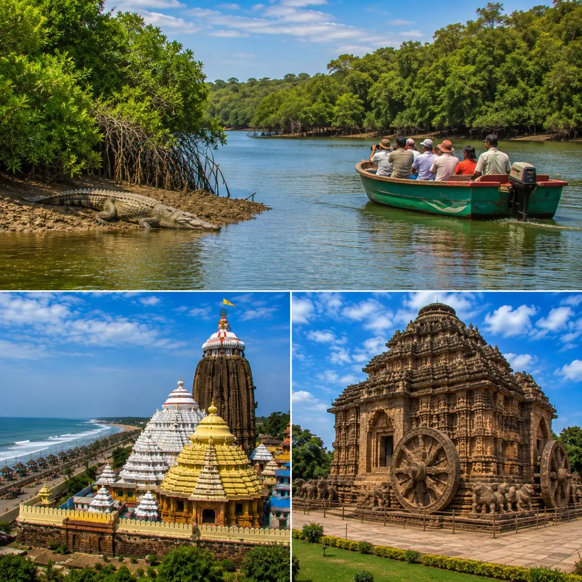 Bhitarkanika Puri Konark Tour Package featuring Bhitarkanika National Park, Jagannath Temple Puri, Konark Sun Temple, saltwater crocodiles and mangrove forests.