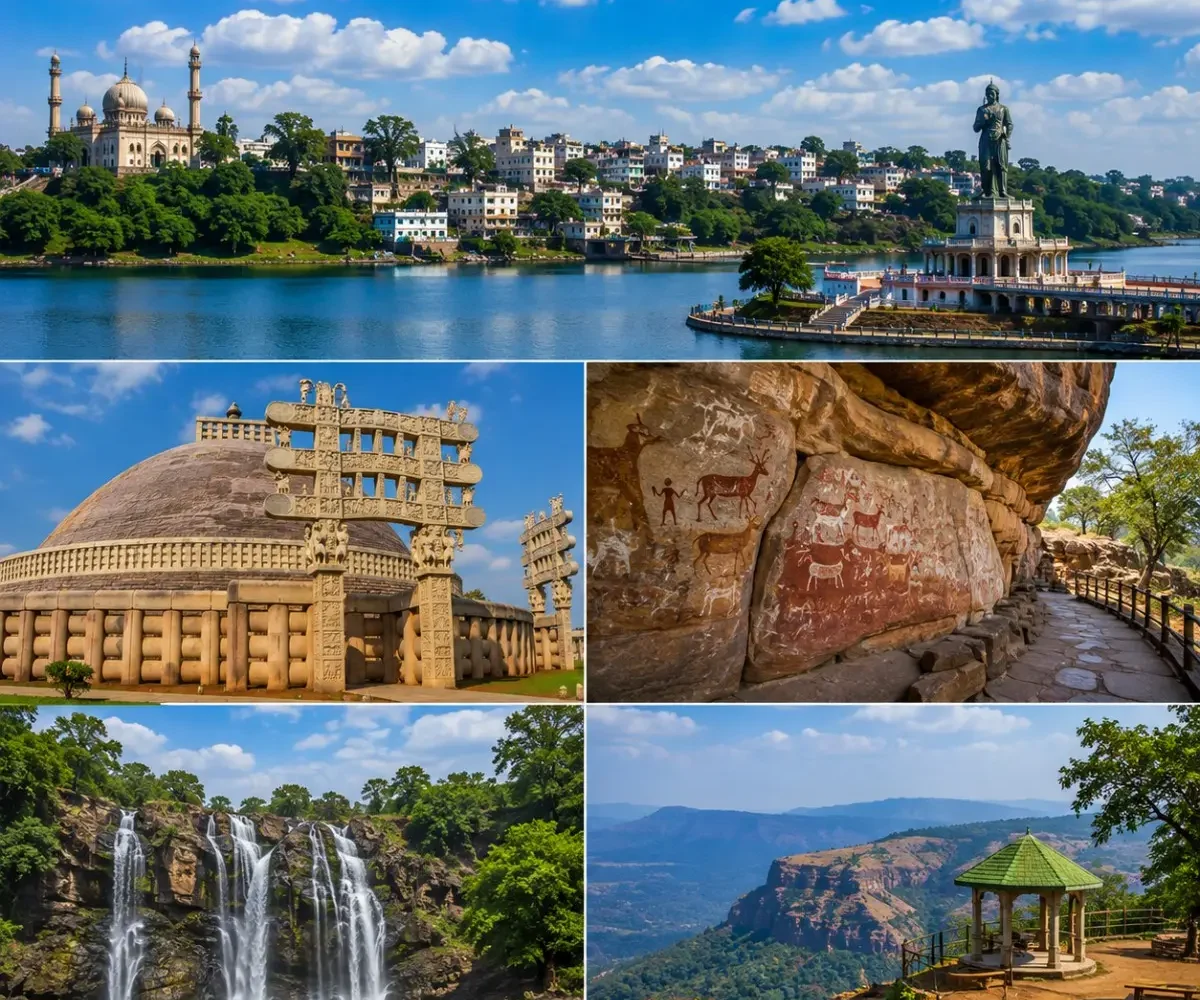 Bhopal Sanchi Bhimbetka Pachmarhi Tour Package featuring Sanchi Stupa, Bhimbetka Rock Shelters, Bee Falls, Dhupgarh and Upper Lake Bhopal.