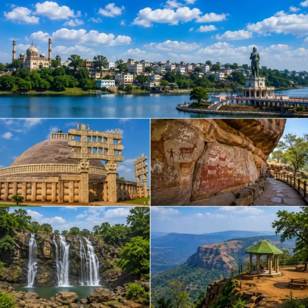 Bhopal Sanchi Bhimbetka Pachmarhi Tour Package featuring Sanchi Stupa, Bhimbetka Rock Shelters, Bee Falls, Dhupgarh and Upper Lake Bhopal.