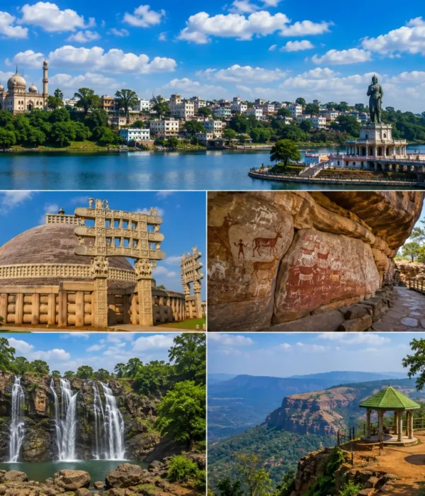 Bhopal Sanchi Bhimbetka Pachmarhi Tour Package featuring Sanchi Stupa, Bhimbetka Rock Shelters, Bee Falls, Dhupgarh and Upper Lake Bhopal.
