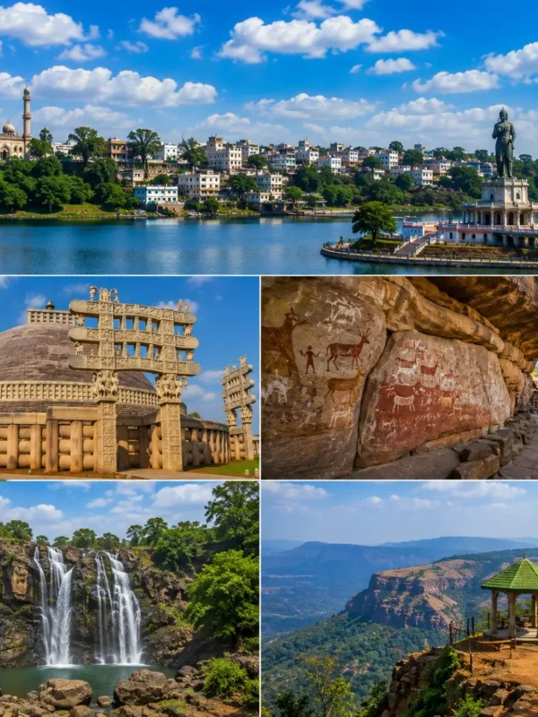 Bhopal Sanchi Bhimbetka Pachmarhi Tour Package featuring Sanchi Stupa, Bhimbetka Rock Shelters, Bee Falls, Dhupgarh and Upper Lake Bhopal.