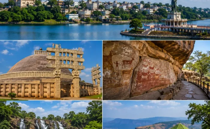 Bhopal Sanchi Bhimbetka Pachmarhi Tour Package featuring Sanchi Stupa, Bhimbetka Rock Shelters, Bee Falls, Dhupgarh and Upper Lake Bhopal.