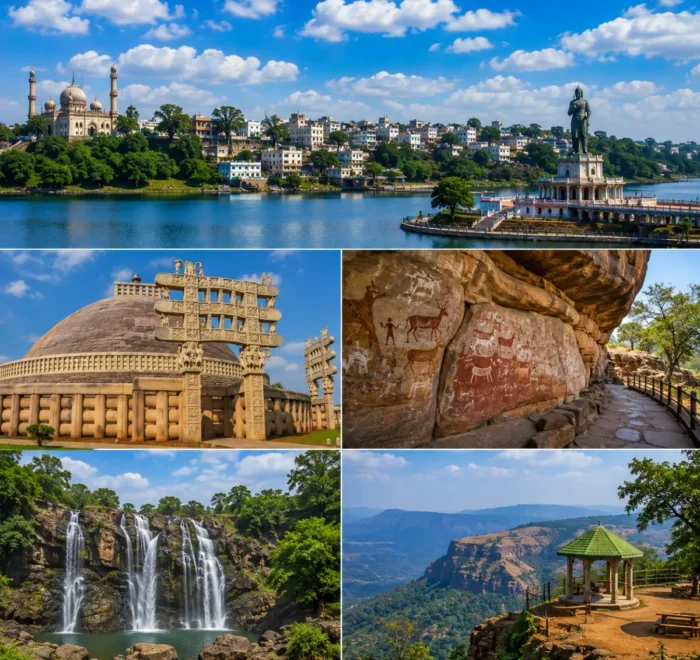 Bhopal Sanchi Bhimbetka Pachmarhi Tour Package featuring Sanchi Stupa, Bhimbetka Rock Shelters, Bee Falls, Dhupgarh and Upper Lake Bhopal.