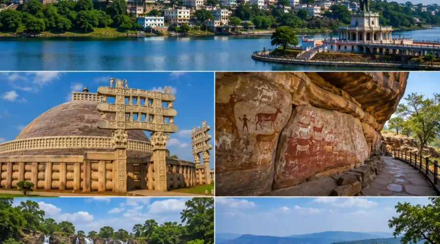 Bhopal Sanchi Bhimbetka Pachmarhi Tour Package featuring Sanchi Stupa, Bhimbetka Rock Shelters, Bee Falls, Dhupgarh and Upper Lake Bhopal.
