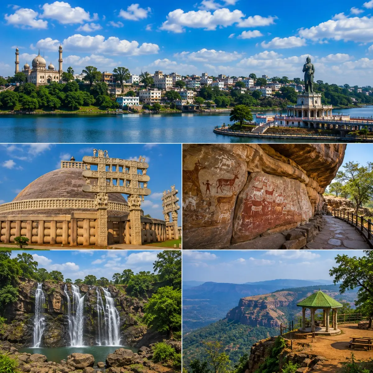 Bhopal Sanchi Bhimbetka Pachmarhi Tour Package featuring Sanchi Stupa, Bhimbetka Rock Shelters, Bee Falls, Dhupgarh and Upper Lake Bhopal.