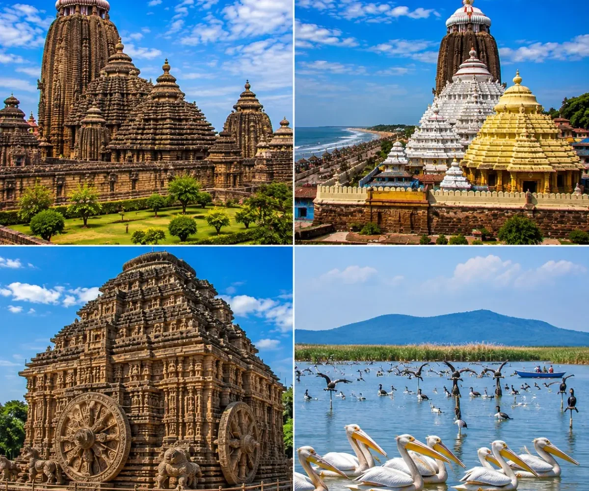 Bhubaneswar Puri Konark Chilika Tour Package featuring Lingaraj Temple, Jagannath Temple, Konark Sun Temple, Chilika Lake and Satapada Dolphins.