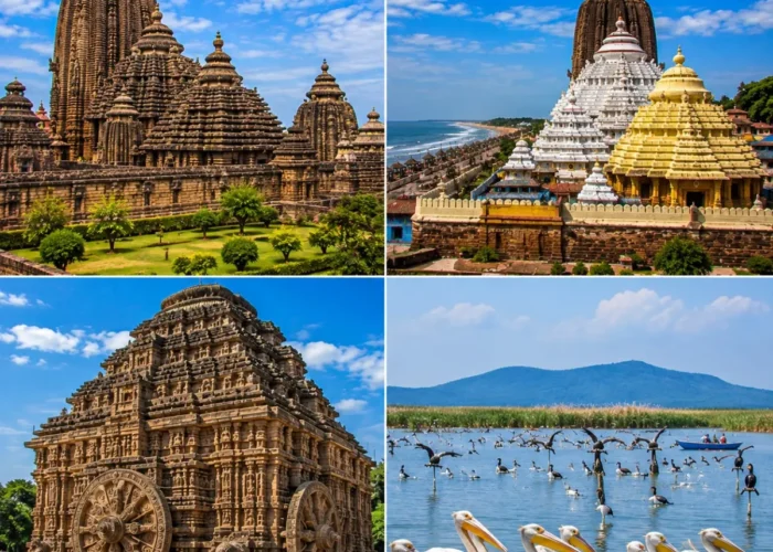 Bhubaneswar Puri Konark Chilika Tour Package featuring Lingaraj Temple, Jagannath Temple, Konark Sun Temple, Chilika Lake and Satapada Dolphins.
