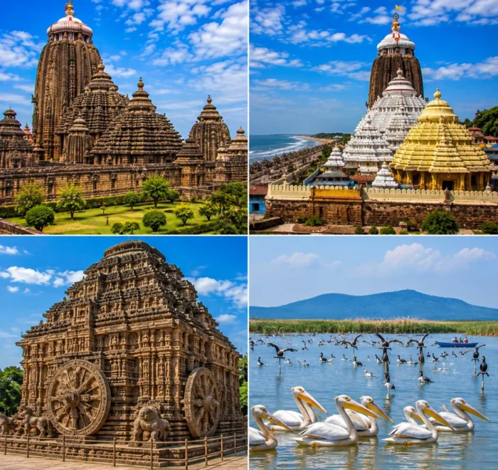 Bhubaneswar Puri Konark Chilika Tour Package featuring Lingaraj Temple, Jagannath Temple, Konark Sun Temple, Chilika Lake and Satapada Dolphins.