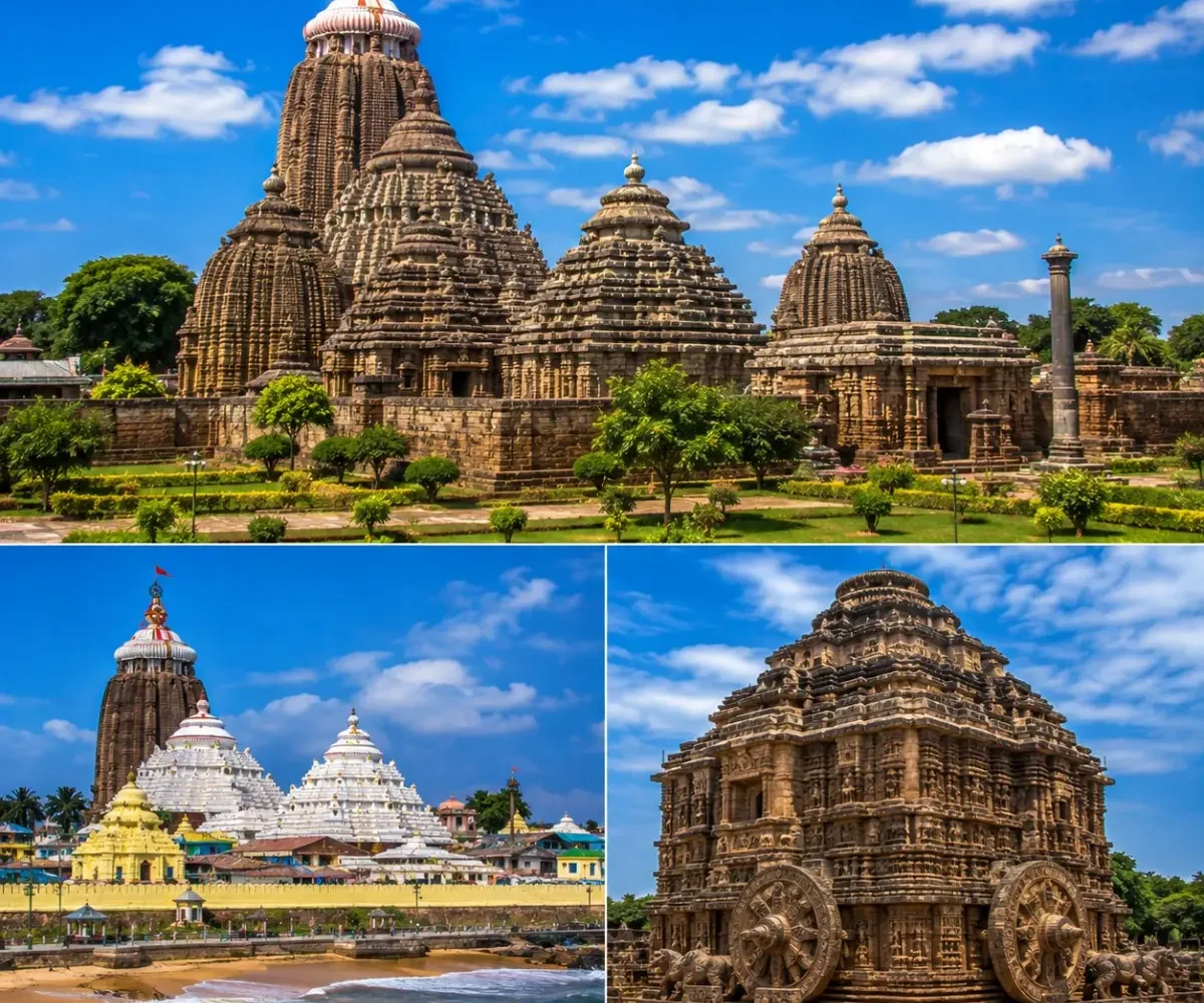 Bhubaneswar Puri Konark Tour Package featuring Lingaraj Temple, Jagannath Temple Puri, Konark Sun Temple, Dhauli Shanti Stupa and Puri Beach.